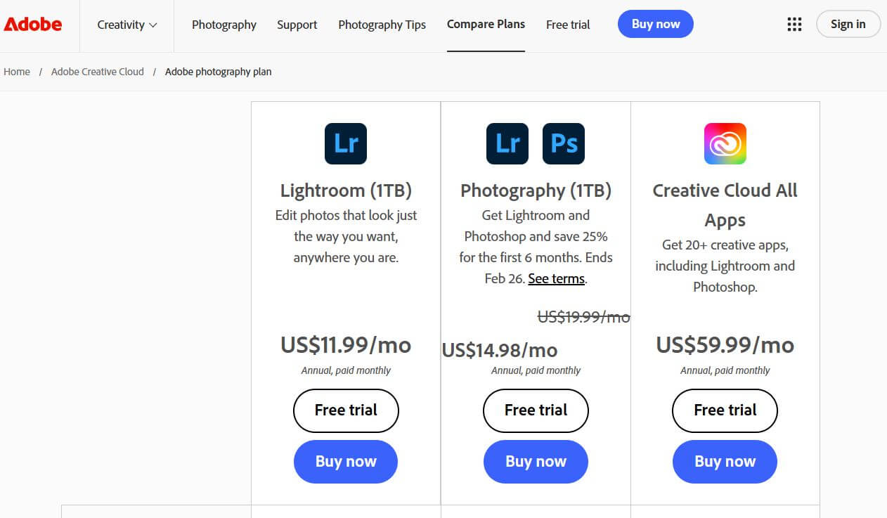 Adobe Lightroom pricing on February 18, 2025