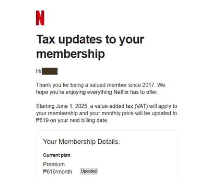 Netflix update on Subscription Price Increase in Philippines due to VAT addition