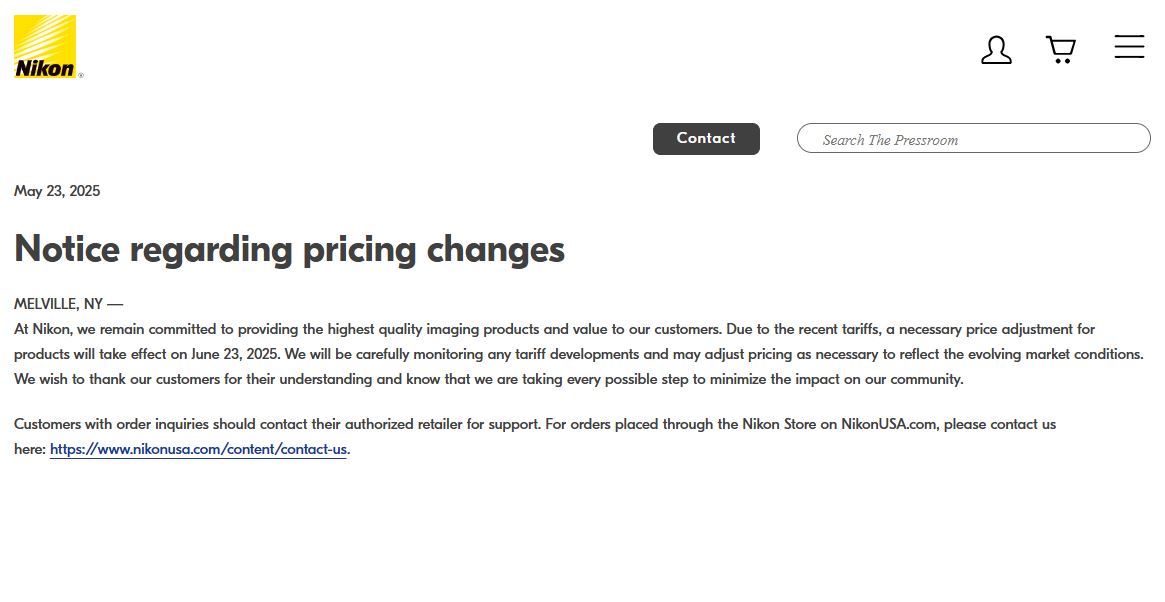 Nikon Notice on Product Price Changes in US Due to Tariffs