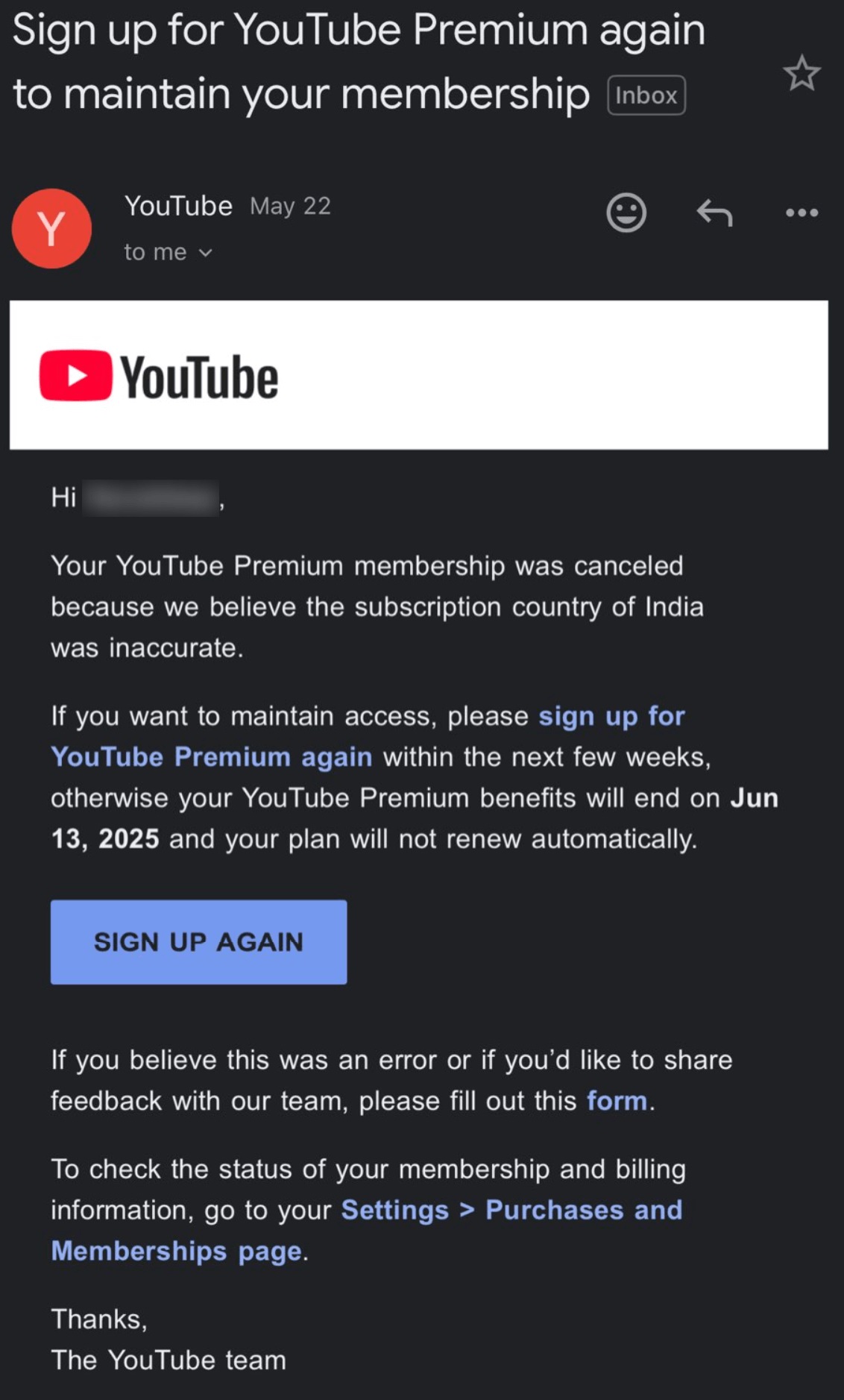YouTube Premium Cancelling Memberships With Inaccurate Country Information