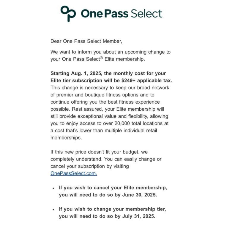 One Pass Select Update On Subscription Price Increase on August 1st