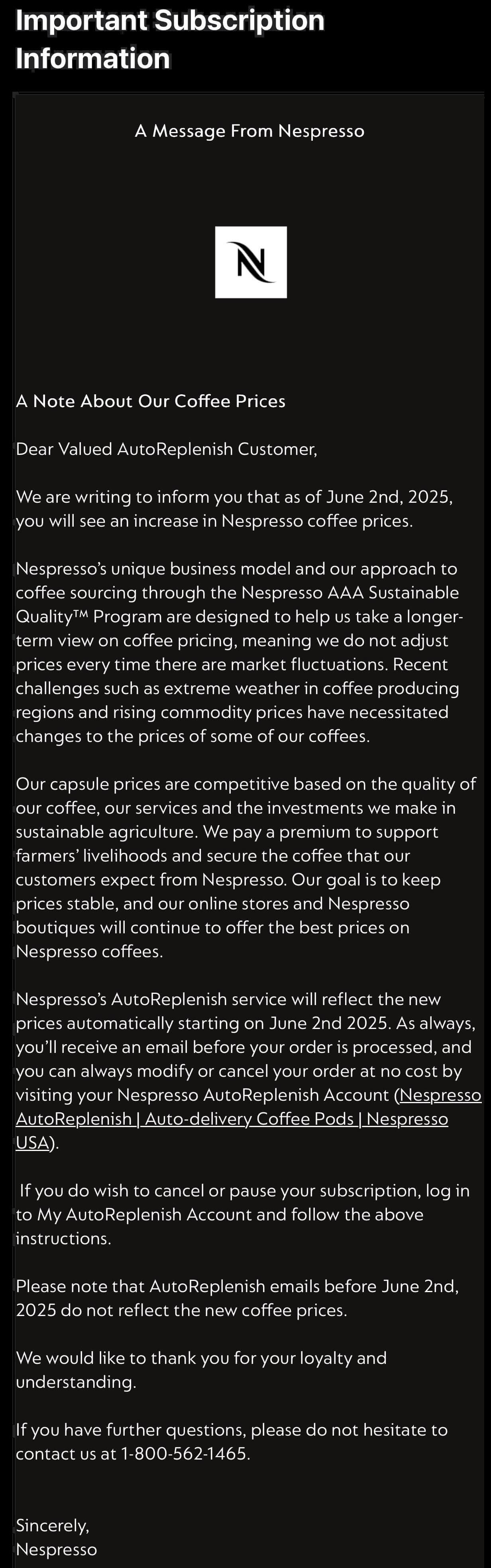 Nespresso Update on Subscription Price Increase on June 2nd