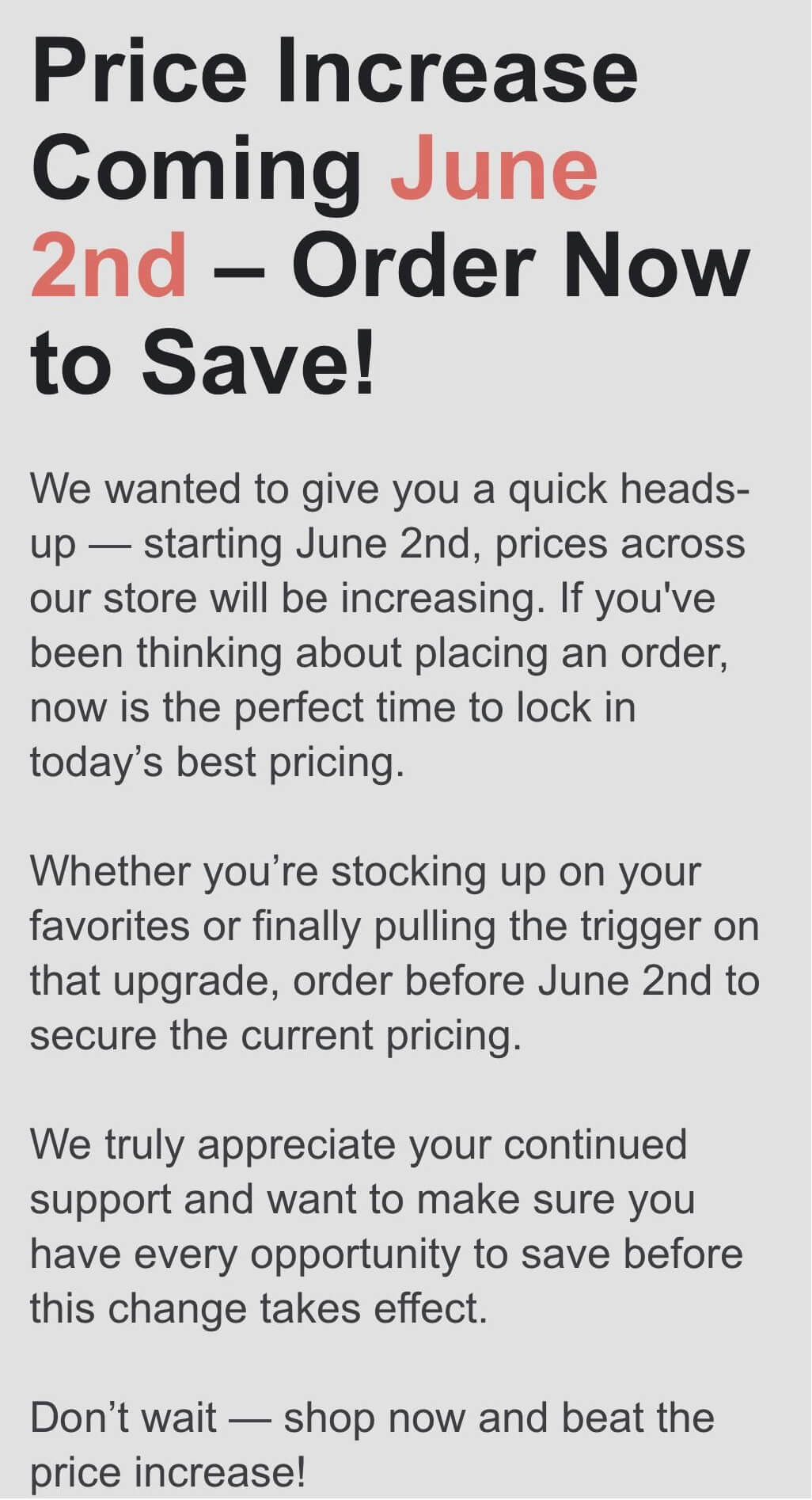 Waterbox update on price increase on June 2nd