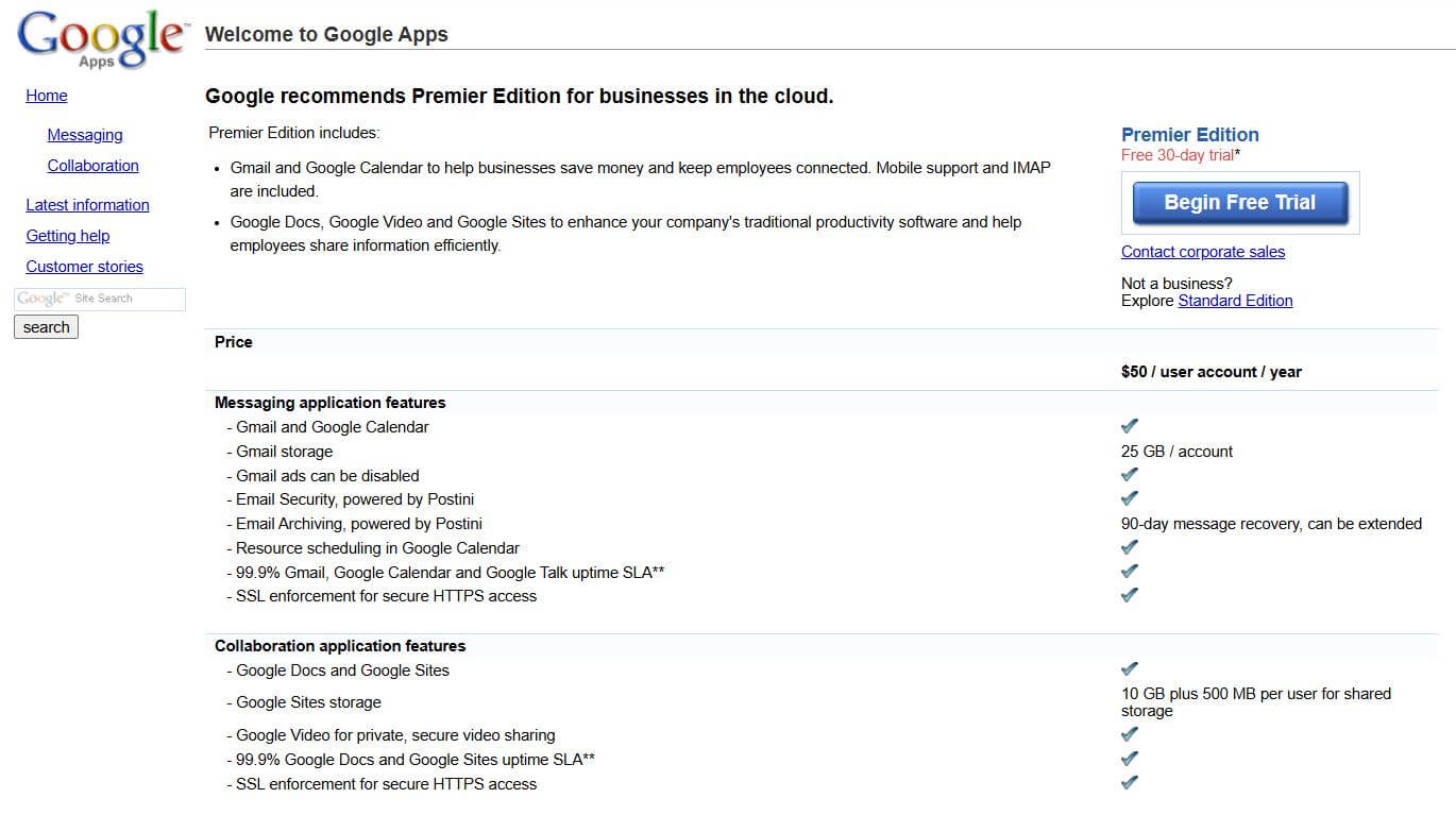 Google Workspace pricing on February 18, 2009