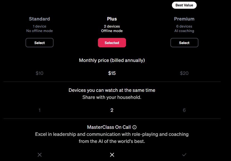 MasterClass Membership pricing on May 18, 2025