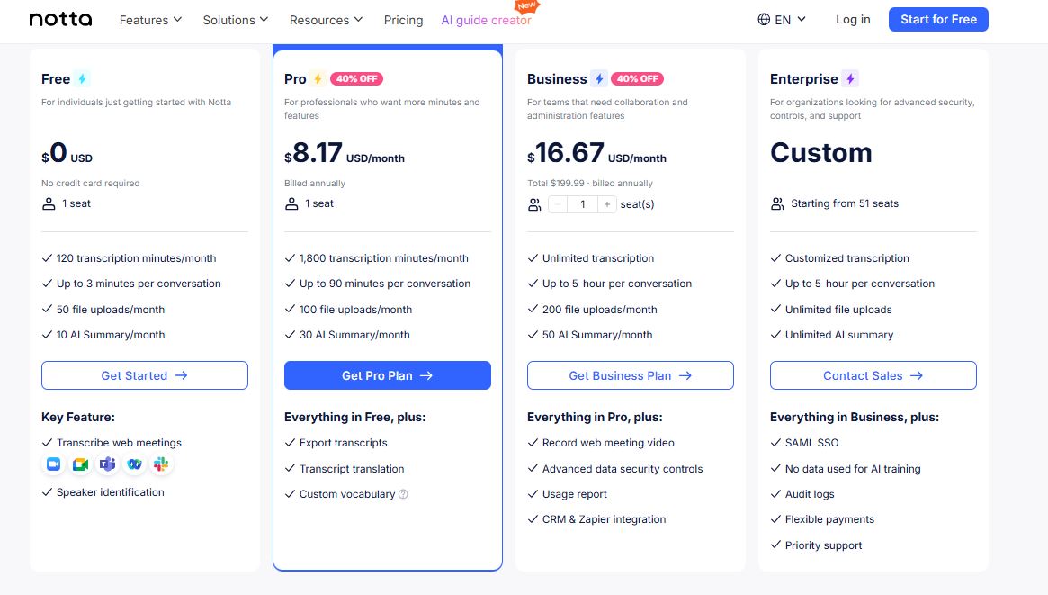 Notta pricing on May 28, 2025