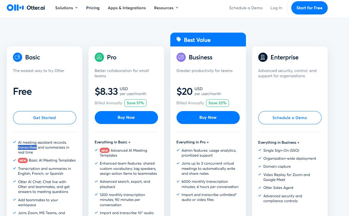 Otter.ai pricing on May 27, 2025