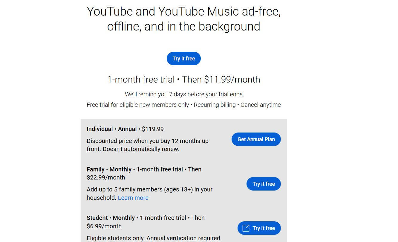 YouTube Premium pricing on January 7, 2023