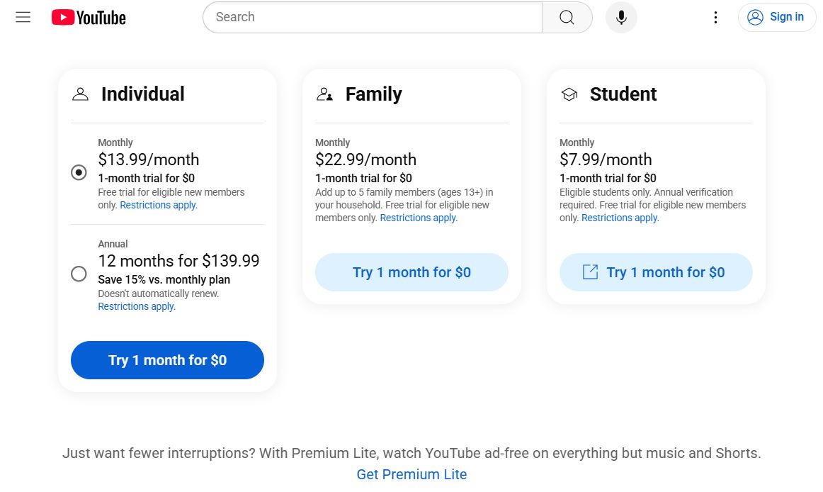 YouTube Premium pricing on May 23, 2025