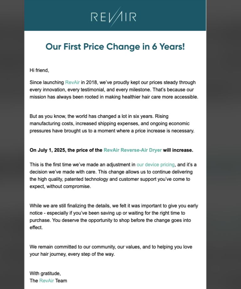 RevAir update on Price Increase on July 1st
