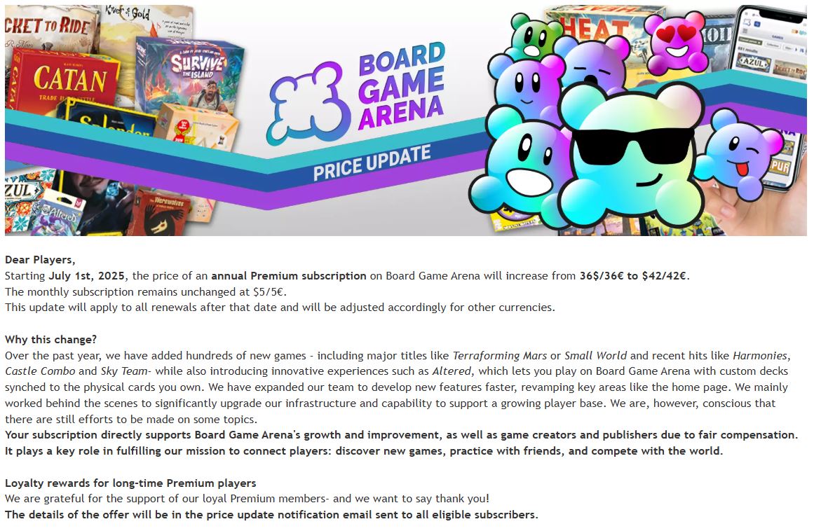 Board Game Arena Update on Subscription Price Increase on July 1