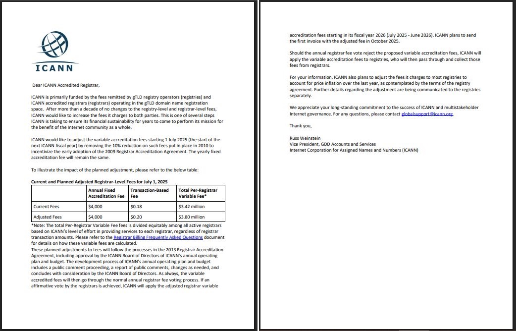 ICANN Update on Increase in Domain Registration Fees on July 1st