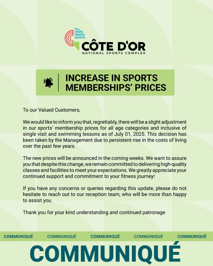 Cote d'Or National Sports Complex update on Membership Price Increase on July 1st
