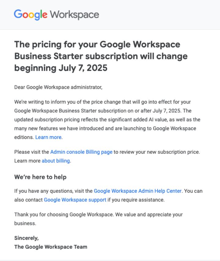 Google Workspace Update on Subscription Price Increase on July 7th