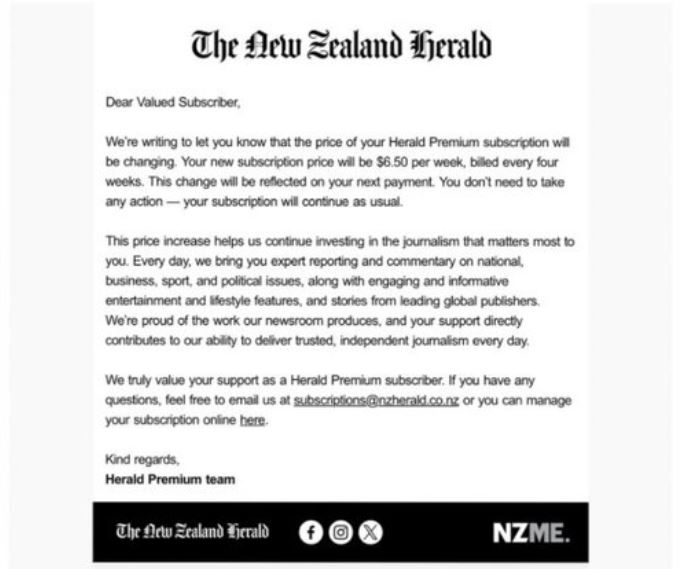NZ Herald update on Premium Subscription Price Increase