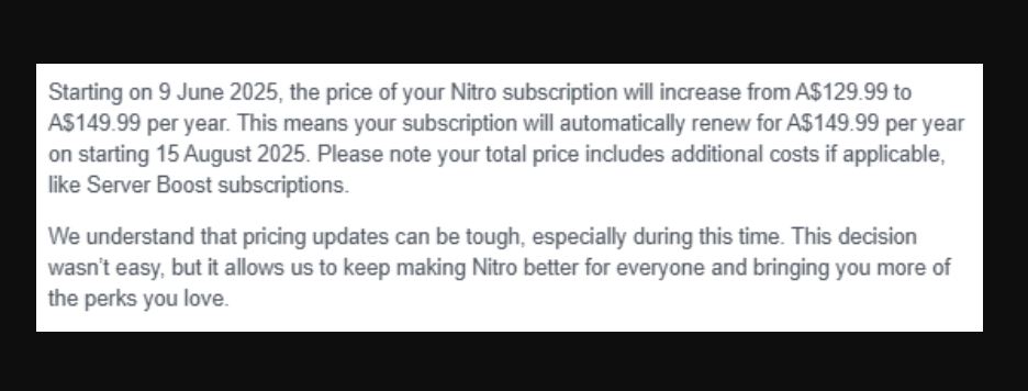 Discord Update on Nitro Price Increase on June 9th in Australia