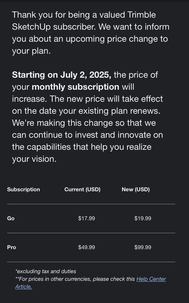 SketchUp Update on Subscription Price Increase on July 2nd