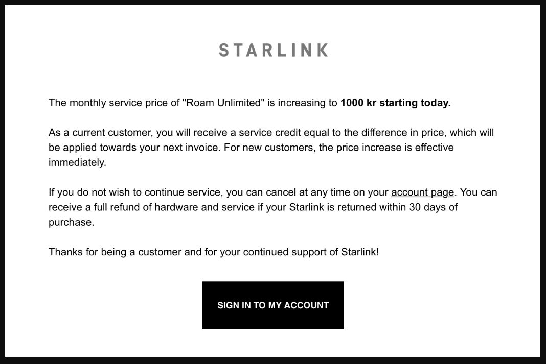 Starlink Update on Subscription Price Increase in Norway