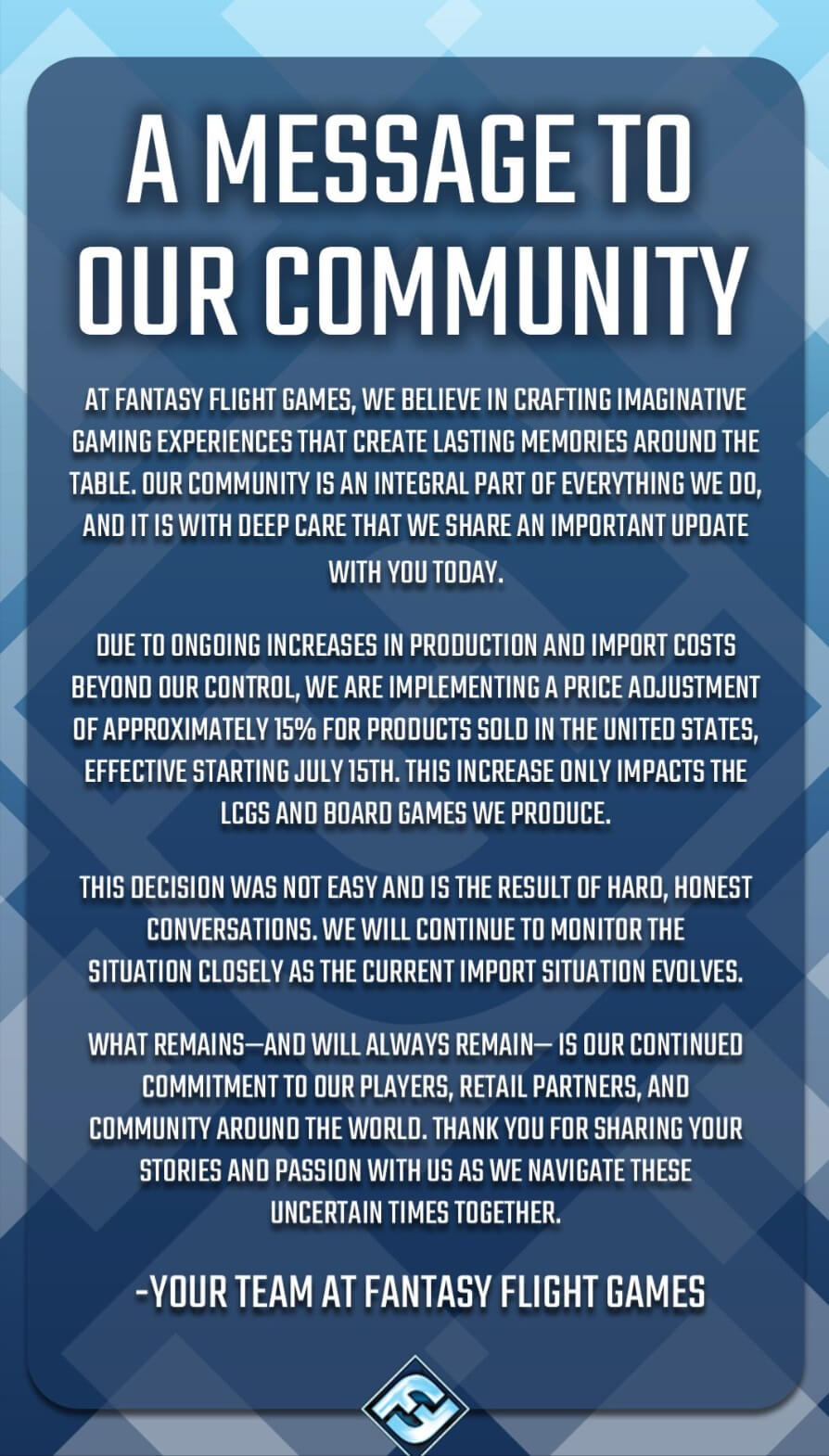 FFG update on LCGs and Board Games Price Increase on July 15th