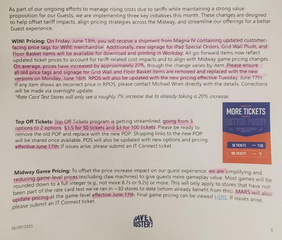 Dave & Buster’s Update on Games and Merchandise Price Increase on June 17th