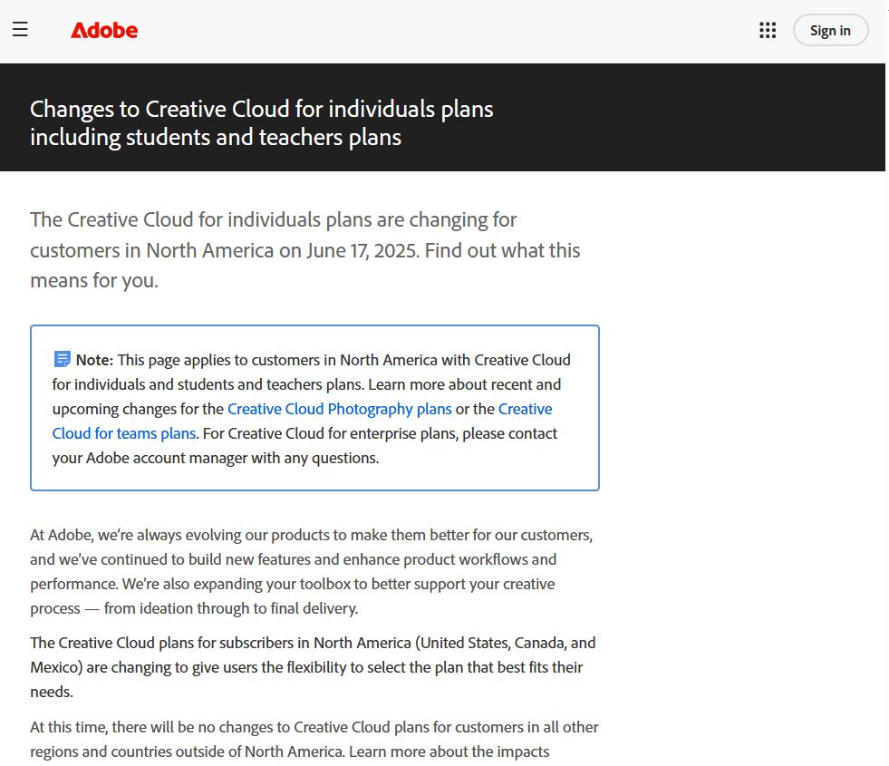 Adobe Creative Cloud Update on Subscription Price Increase on June 17th