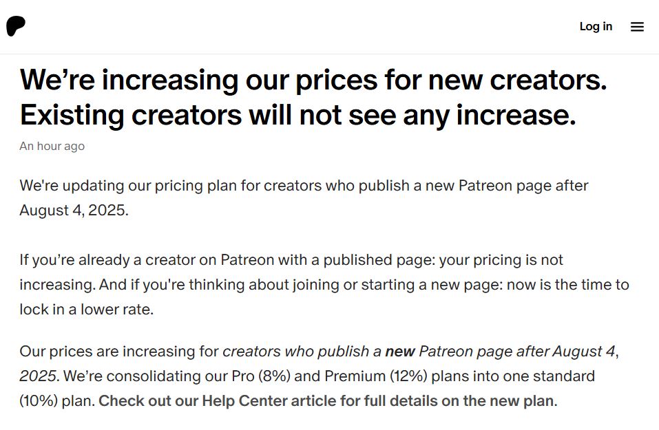 Patreon Update on Price Increase for Creators on August 4th