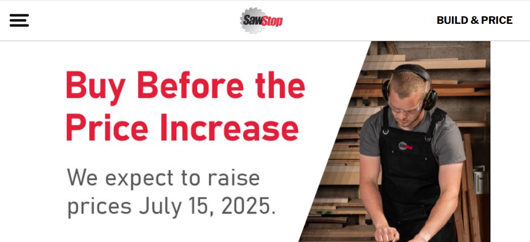SawStop Update on Product Price Increase Starting July 15th