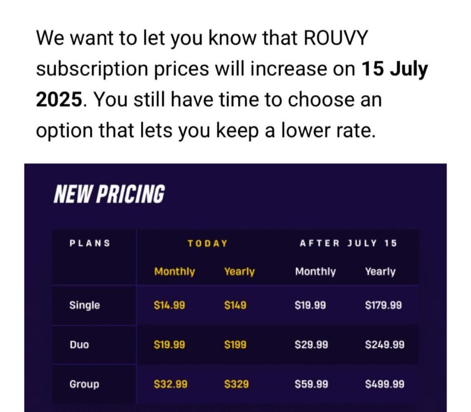 ROUVY Update on Subscription Price Increase on July 15th