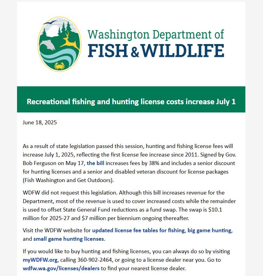 WDFW Update on Fishing and Hunting License Fee Increase on July 1st