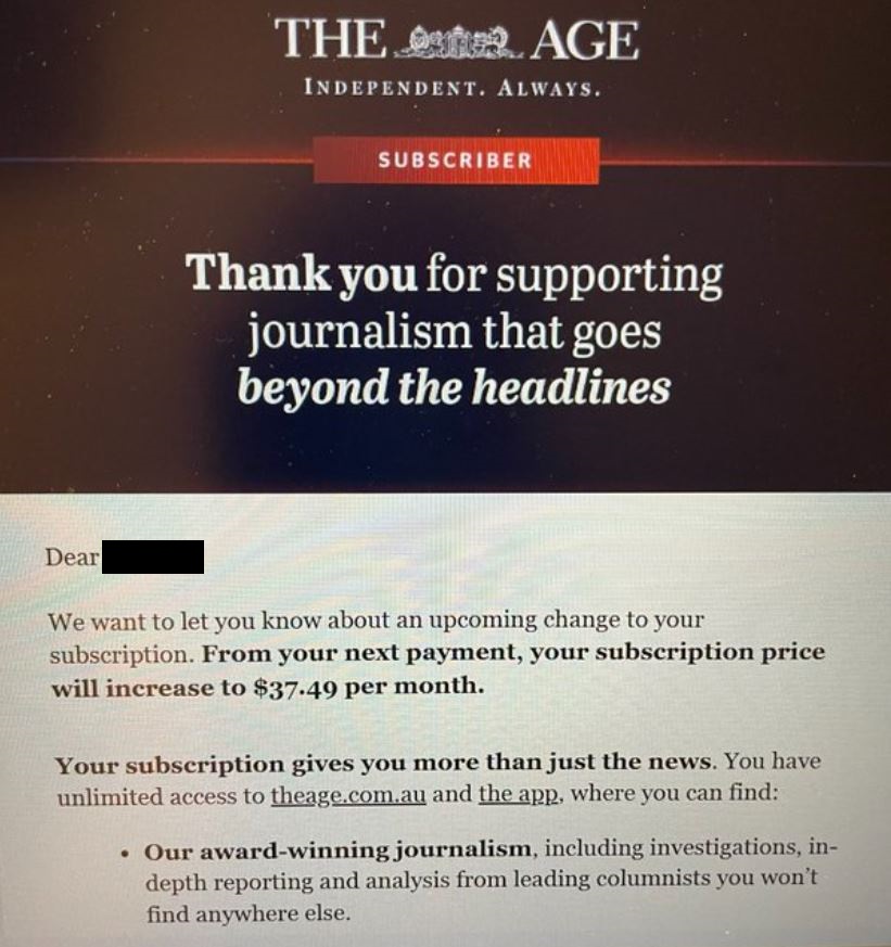 The Age Update On Subscription Price Increase In June