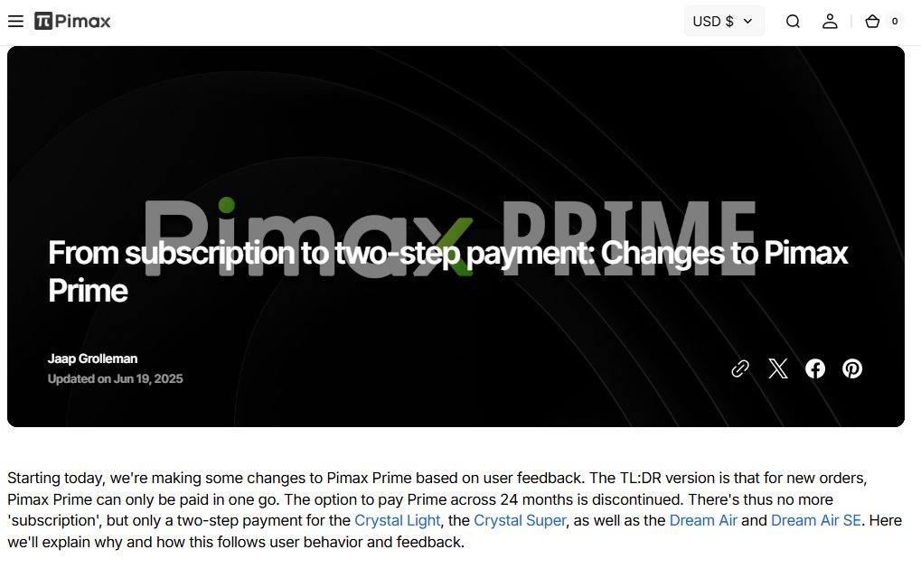 Pimax Update on Prime Subscription becoming One-time Payment