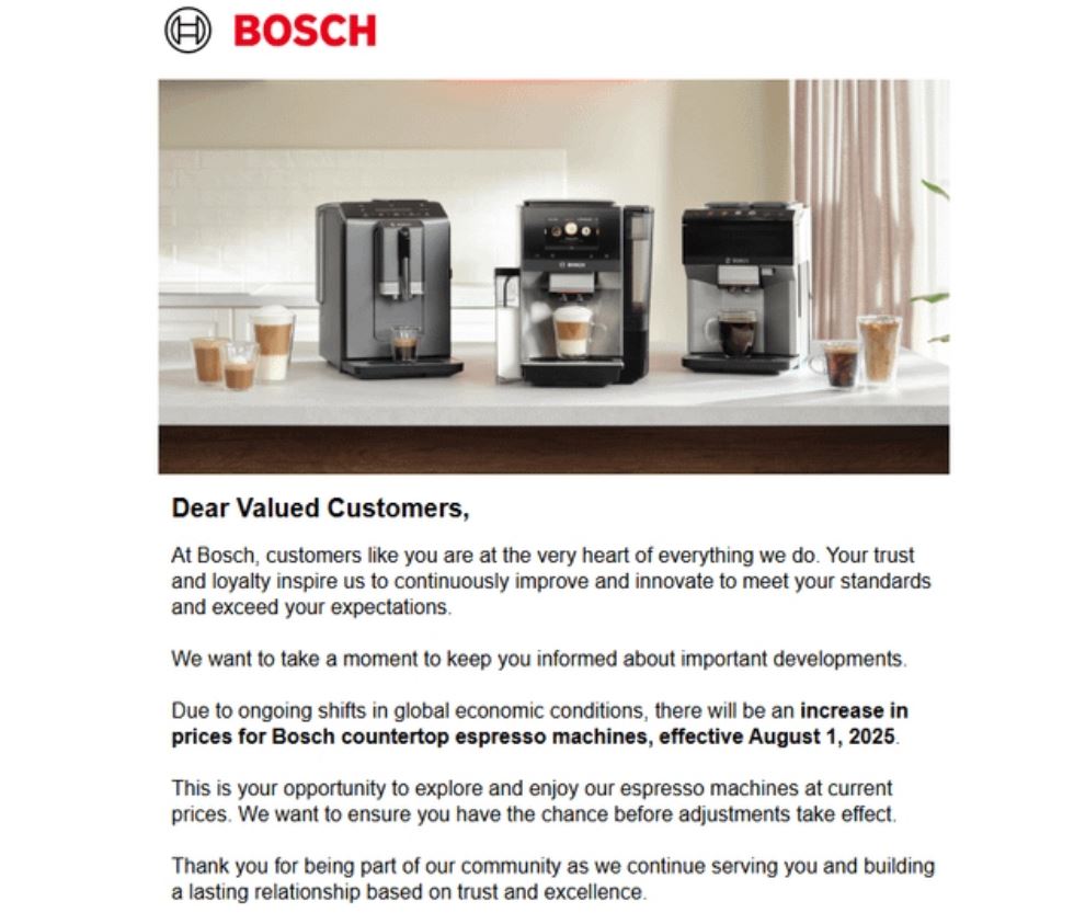 Bosch update on Espresso Machines Price Increase on August 1st