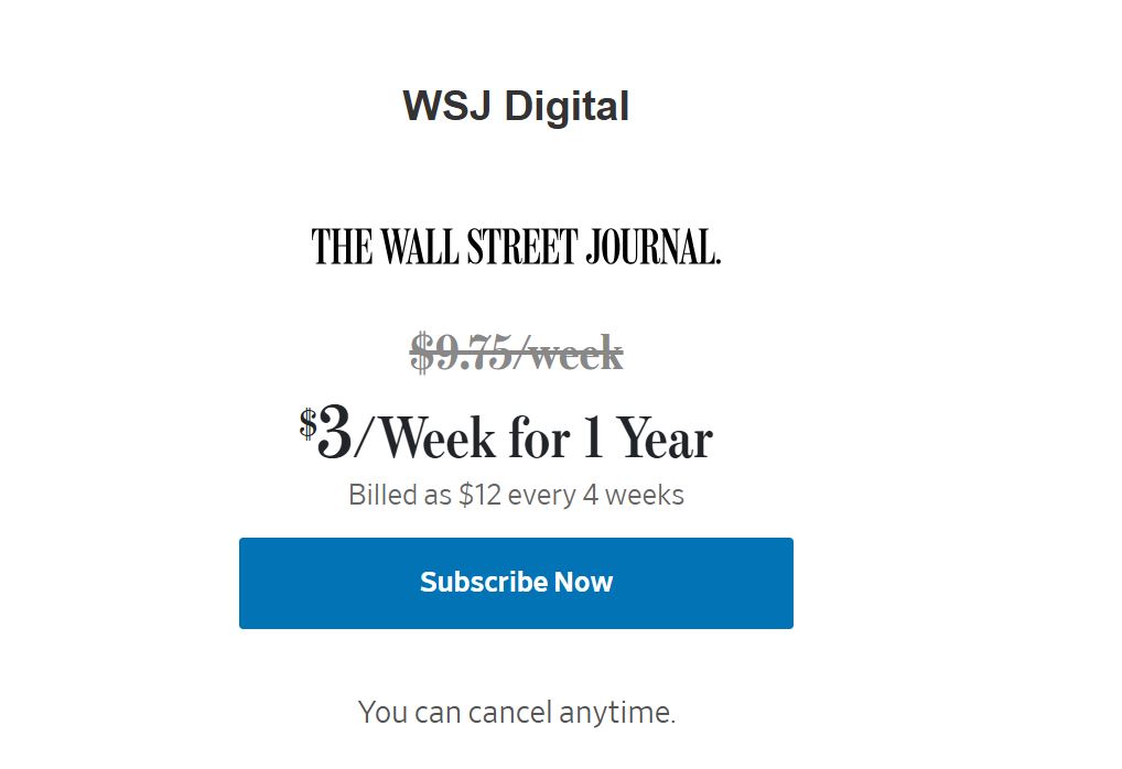 Wall Street Journal Digital Subscription Price Increase on Renewal