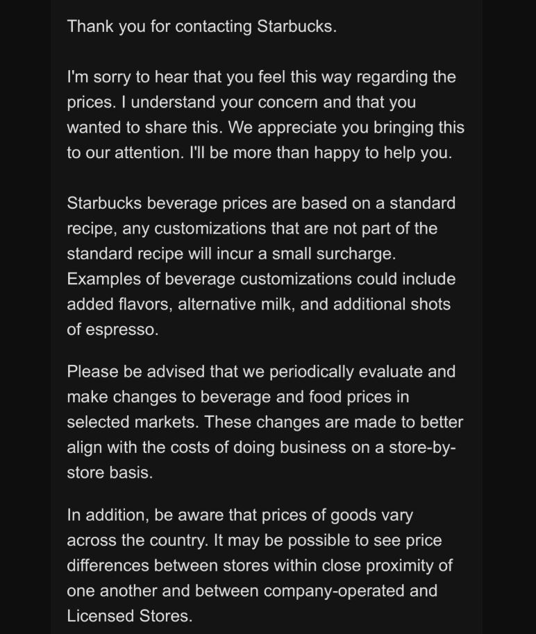 Starbucks Update on Price Increase for Extra Syrup or Sauce