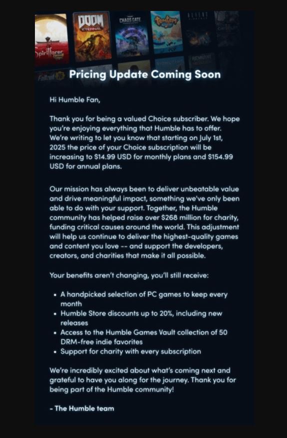 Humble Bundle Update on Subscription Price Increase on July 1st