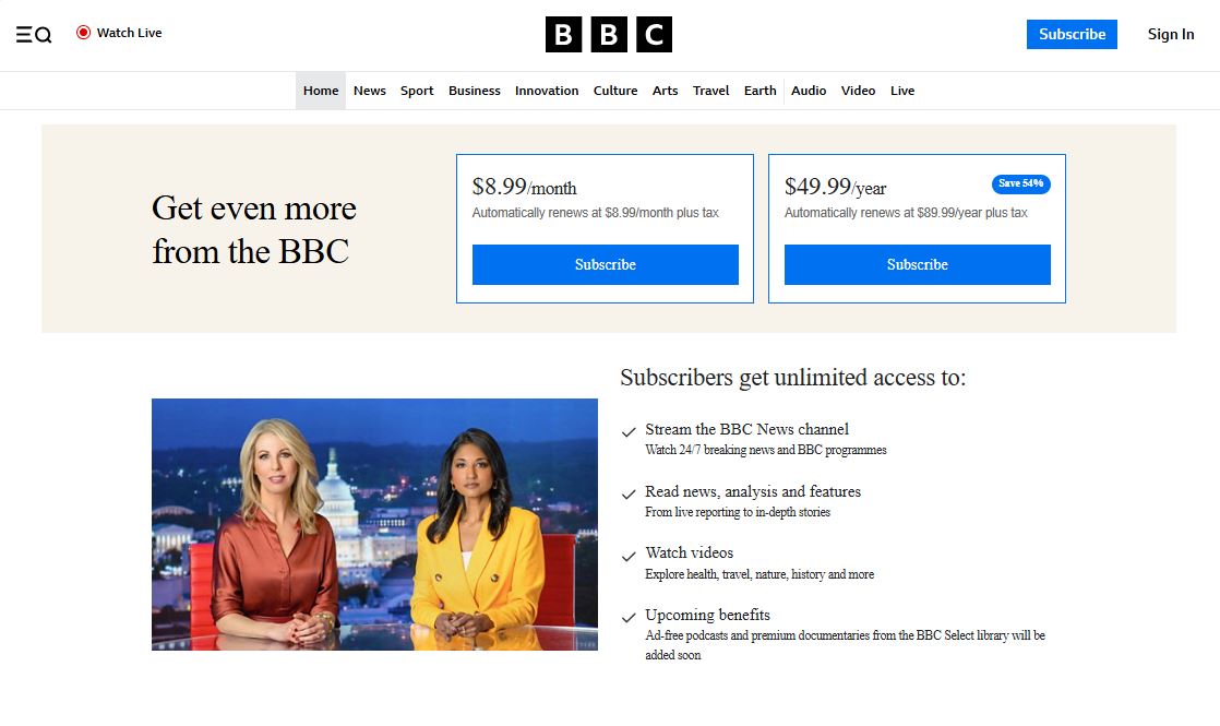 BBC Update on Introducing Subscription Pricing Plans in the US