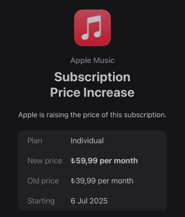 Apple Music Update on Subscription Price Increase in Turkey on July 6th