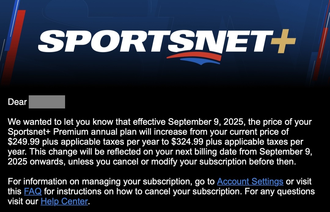 Sportsnet+ Update on Subscription Price Increase on September 9th