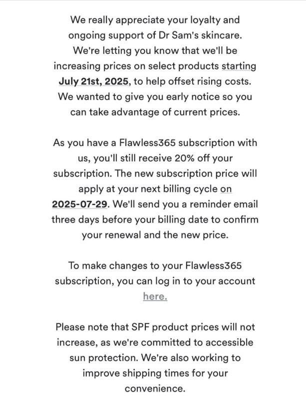 Dr Sam's Update on Price Increase in July 21st