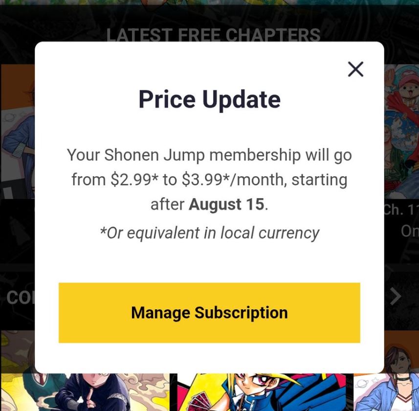 Shonen Jump Update on Subscription Price Increase on August 15th