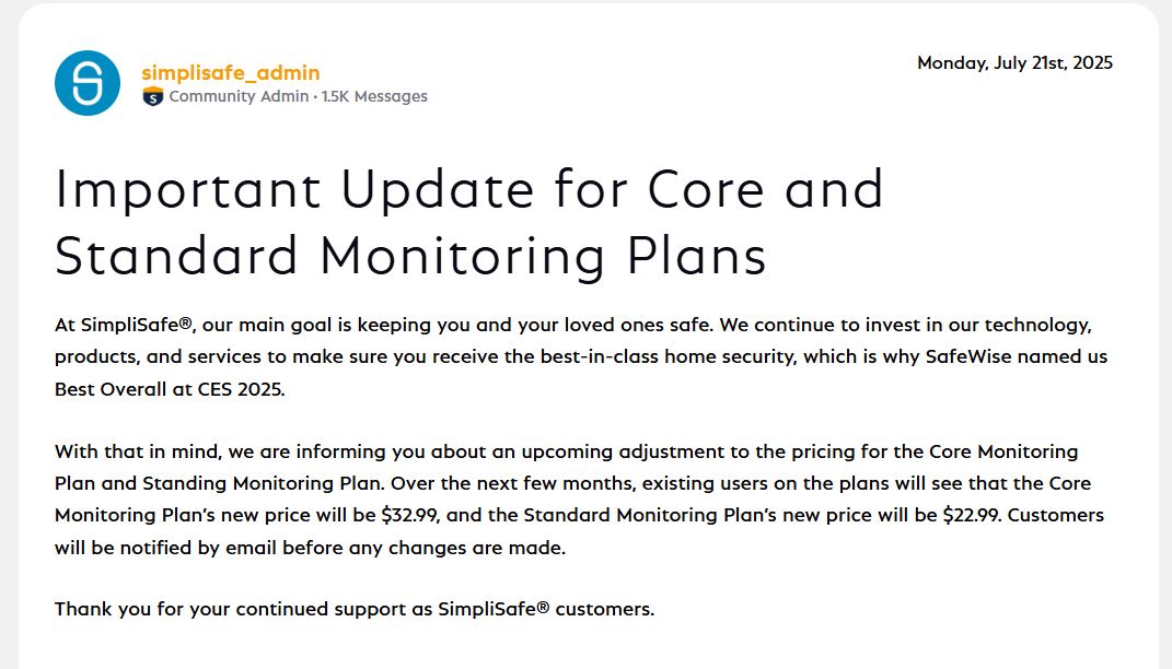 SimpliSafe update on Subscription Price Increase in August