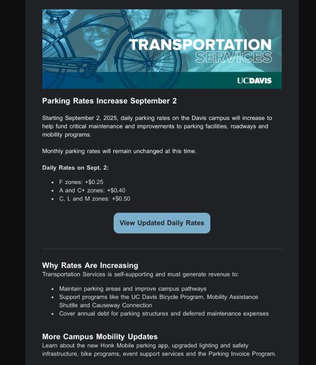 UC Davis Update on Parking Rates Increase on September 2nd