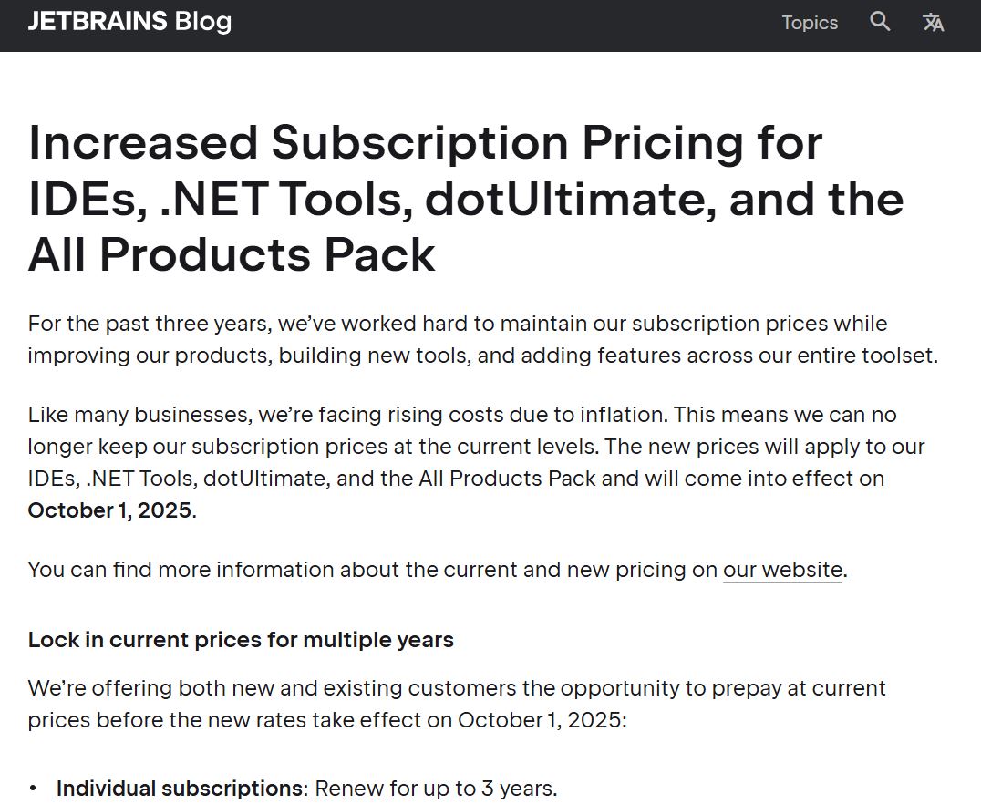 JetBrains Update on Subscription Price Increase on October 1st