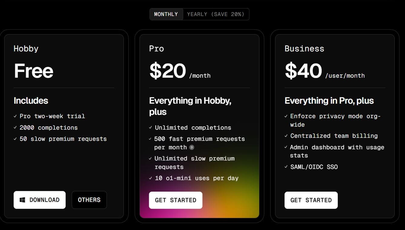 Cursor pricing on February 25, 2025