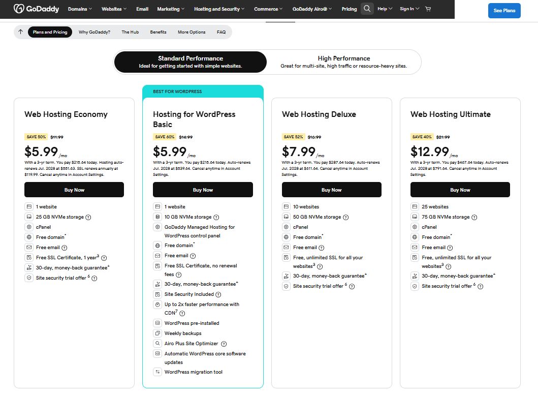 GoDaddy Web Hosting pricing on July 17, 2025