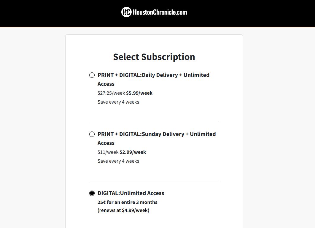 Houston Chronicle Membership pricing on July 2, 2025