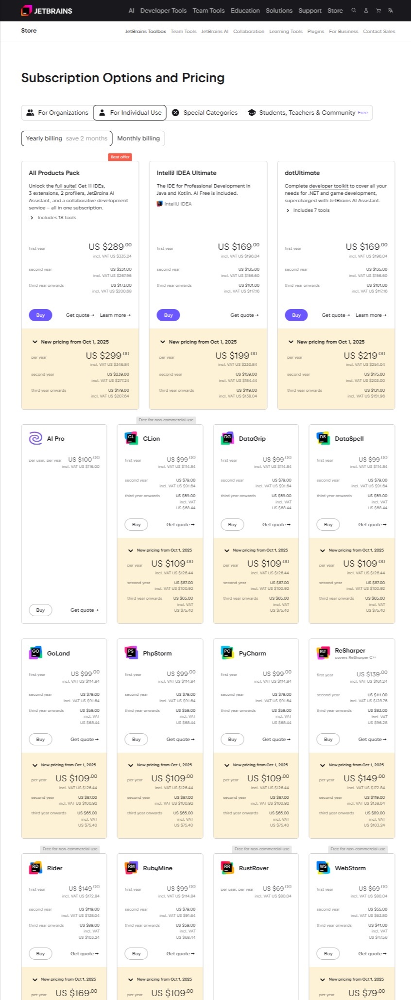 JetBrains pricing on August 1, 2025