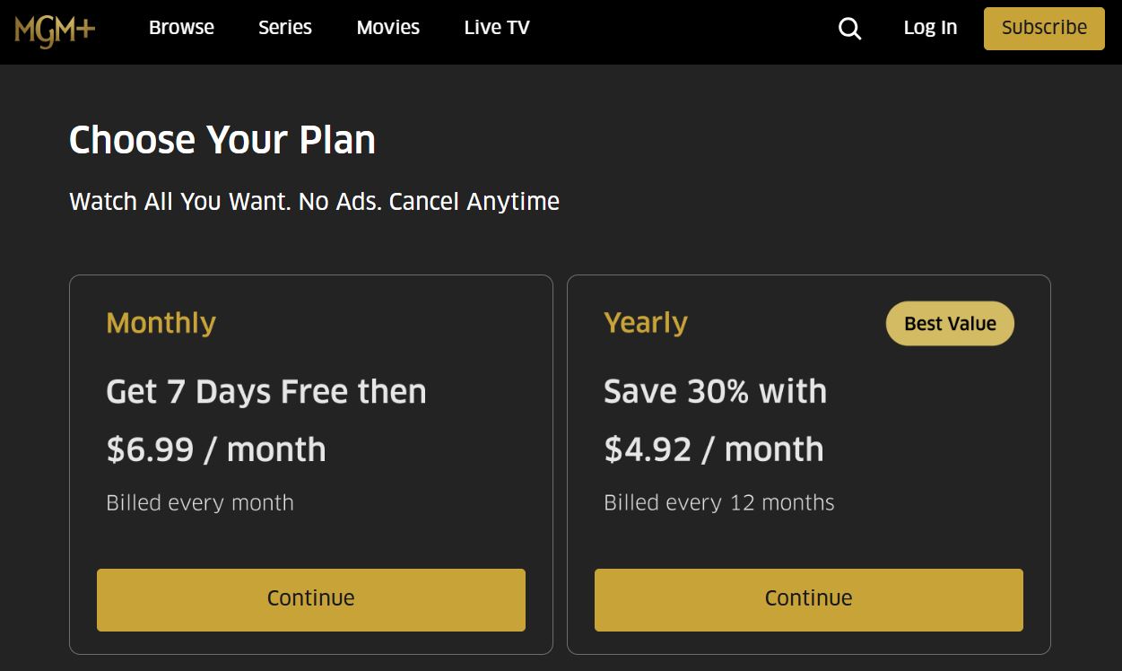MGM Plus pricing on July 30, 2025