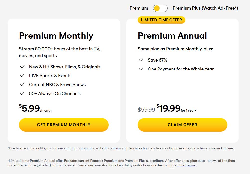 Peacock pricing on June 8, 2024