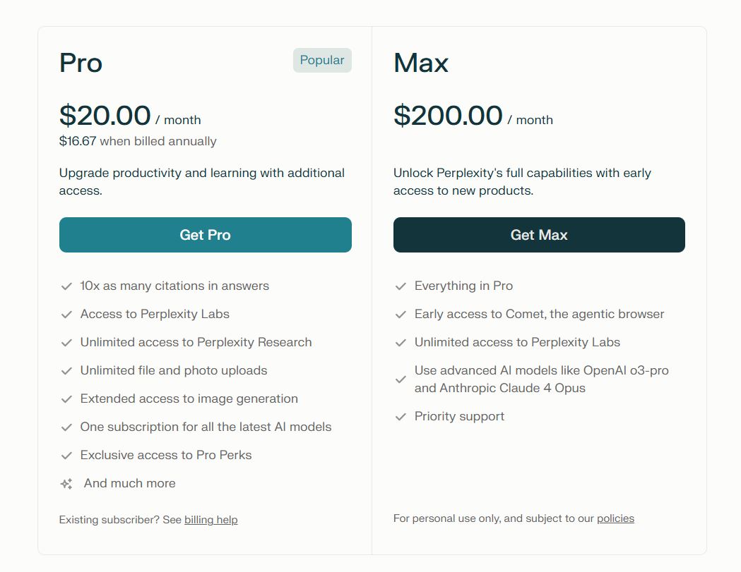 Perplexity pricing on July 2, 2025